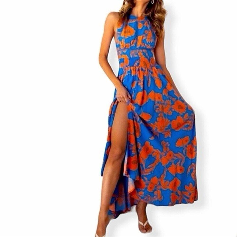 Anthropologie ABEL THE LABEL Blue Orange Floral Halter Maxi Long Dress Size M